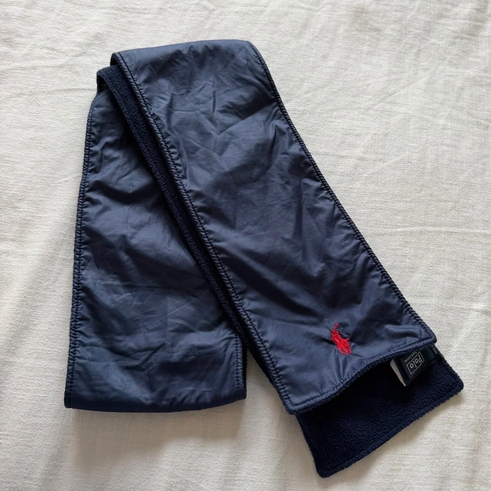 90's Polo Ralph Lauren Navy Blue Reversible Nylon Fleece‎ Scarf Red Pony Logo